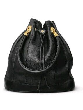 Valentina Black Italian Leather Drawstring Bucket Bag Gold Hardware Italy
